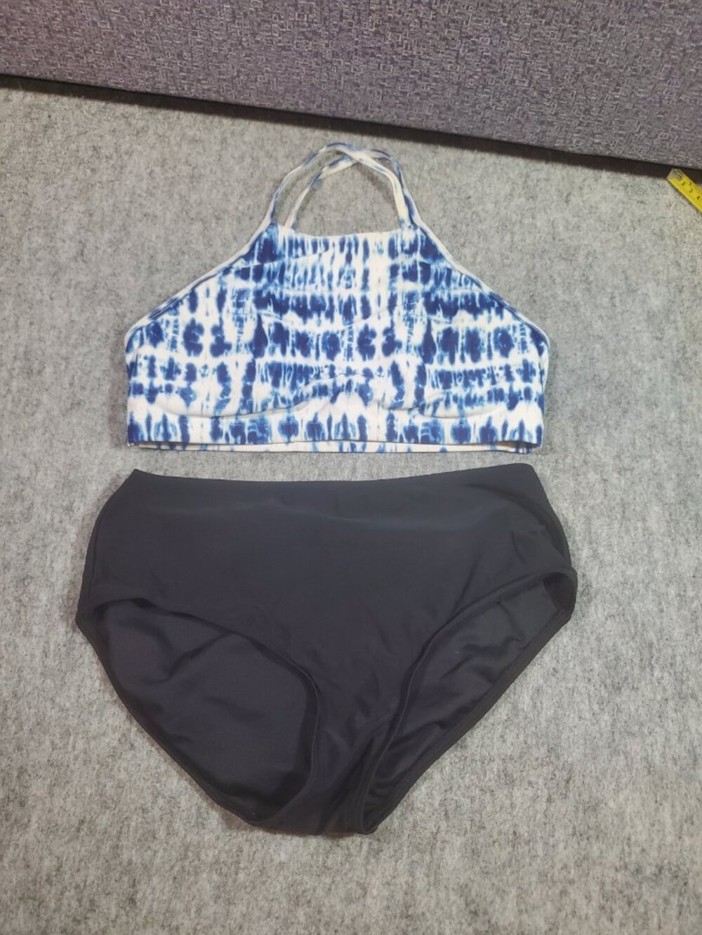 Charmleaks High Neck Halter High Waist Bikini Swimsuit Blue Tie Dye Black Size S